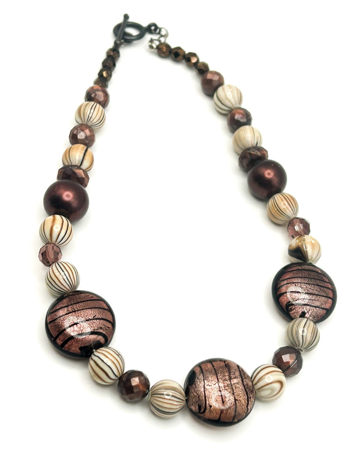 Purple Mauve Foil Art Glass & Agate-Effect Disc Bead Necklace – 16.5”