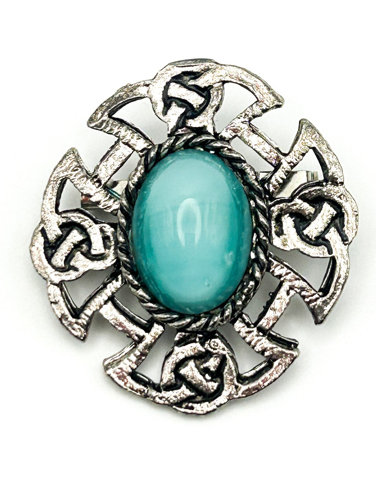 Celtic Knot Brooch Pewter Turquoise Style Cabochon Cross Pin