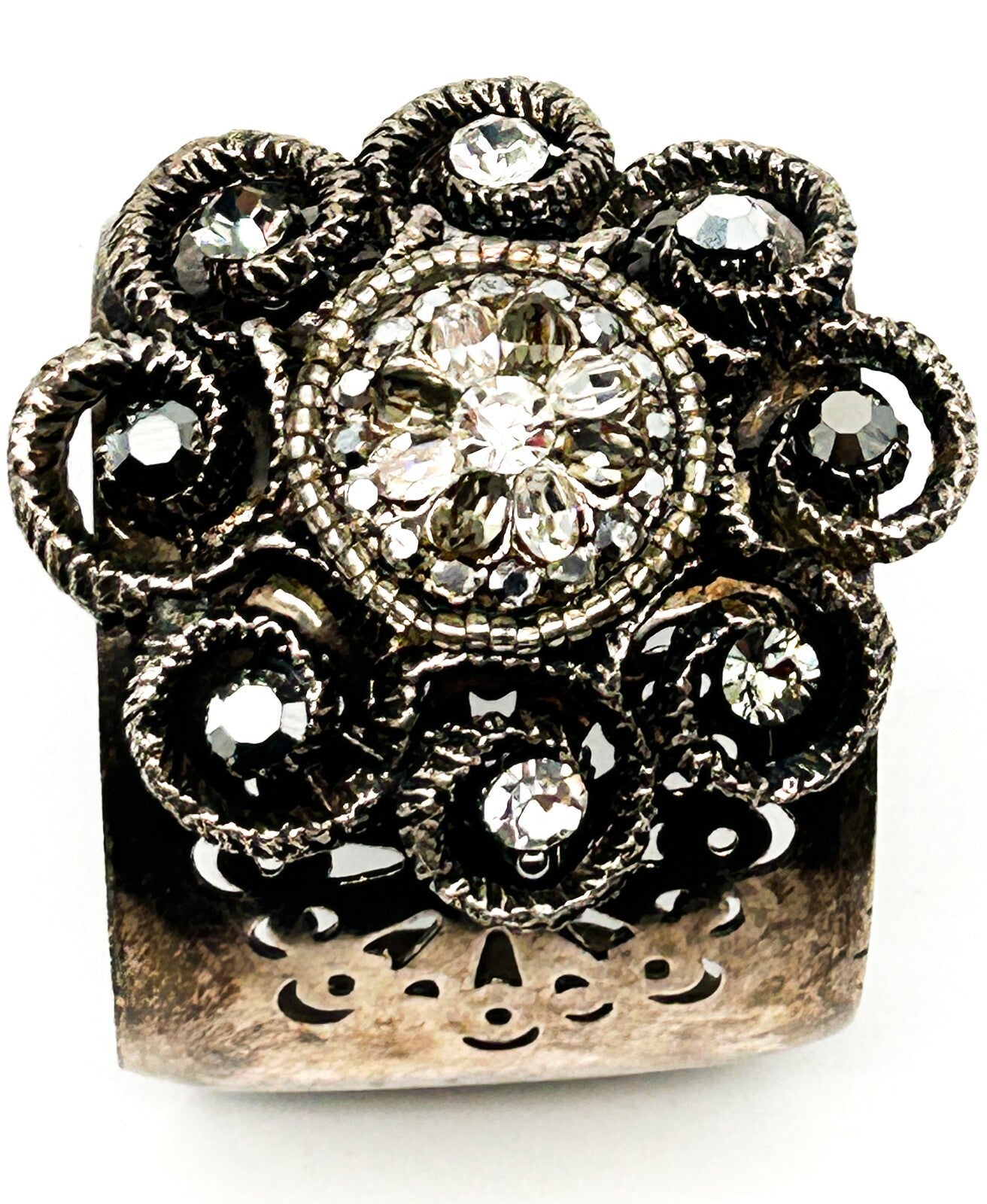 Vintage Sodini Signed Crystal Floral Statement Cuff Bracelet Flower Sparkles VTG