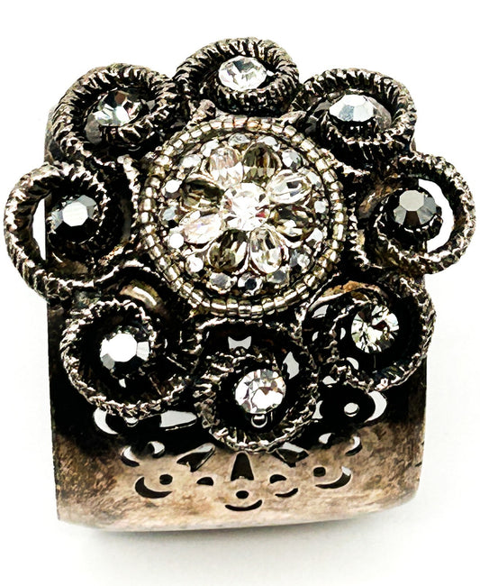 Vintage Sodini Signed Crystal Floral Statement Cuff Bracelet Flower Sparkles VTG