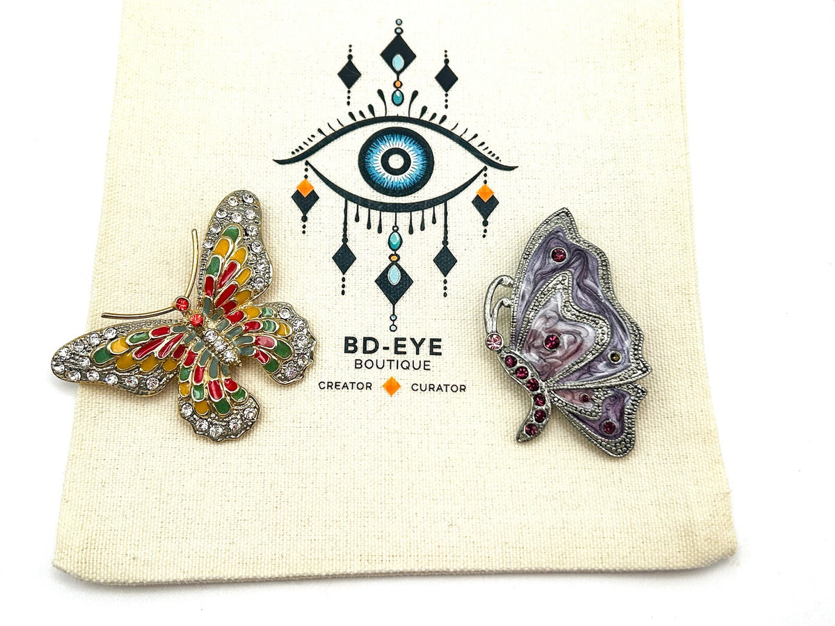 Vintage Butterfly Brooch Duo - Enamel & Rhinestone Pins Insects