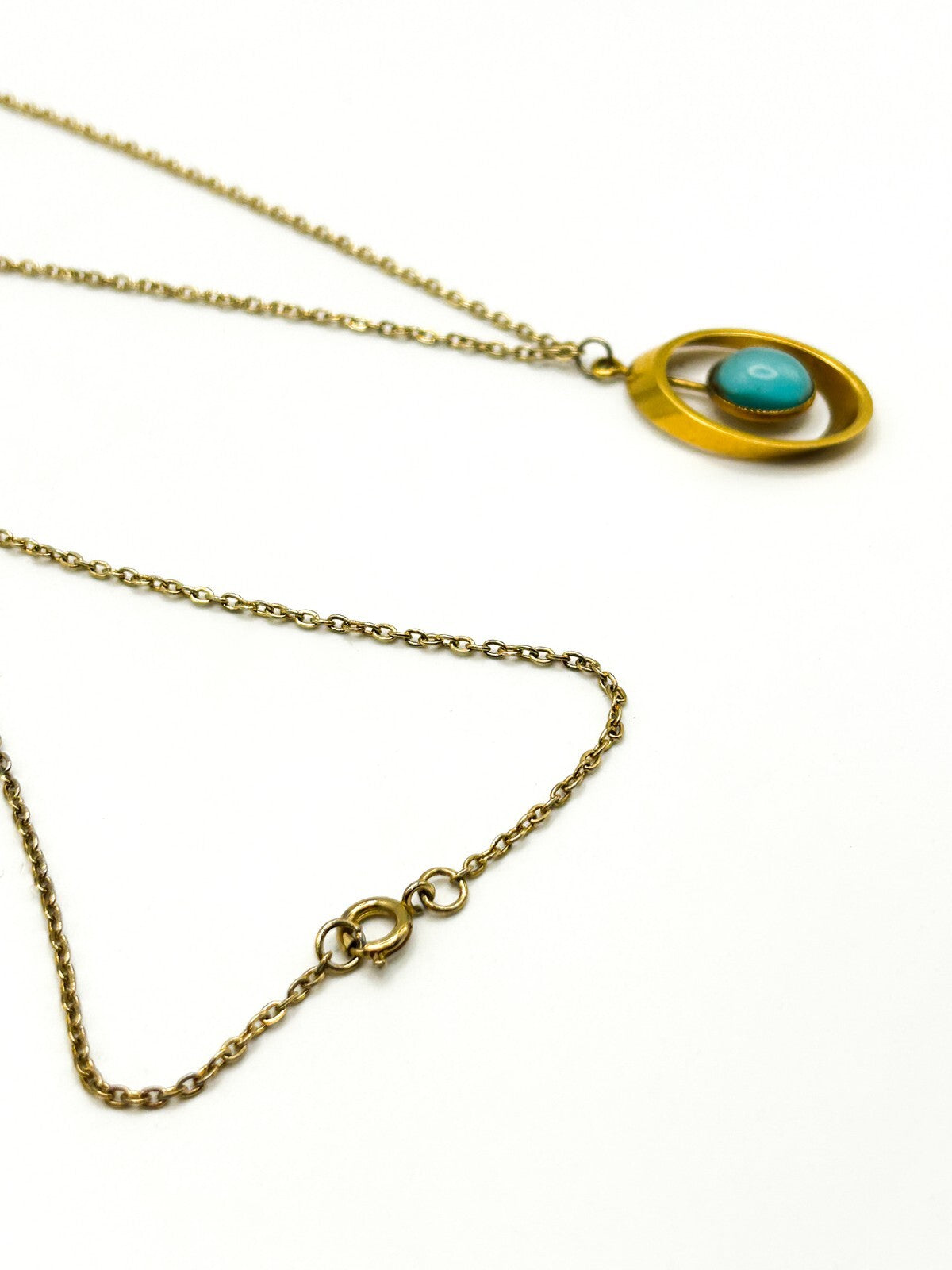 Gold Tone Openwork Oval Pendant Necklace with Turquoise Cats Eye Cabochon