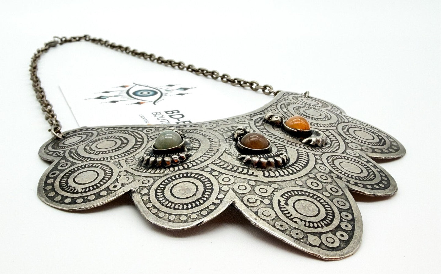 Silver Tone Ornate Ethnic Style Bib Necklace with Semi-Precious Agate Cabochons