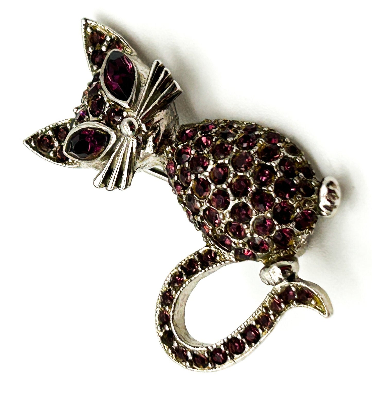 Vintage Purple Rhinestone Cat & Gold Tone Cat Head Brooches Figural Pin