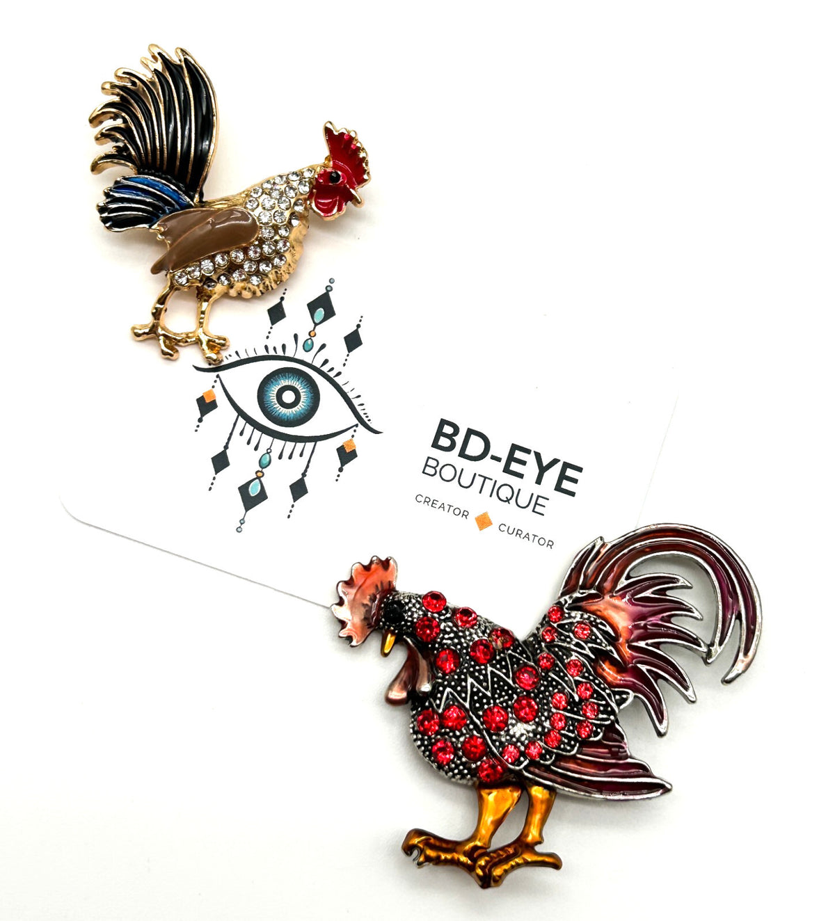 Vintage Rooster Brooch Pair Enamel Rhinestone Cockerel Farmyard Bird Pins