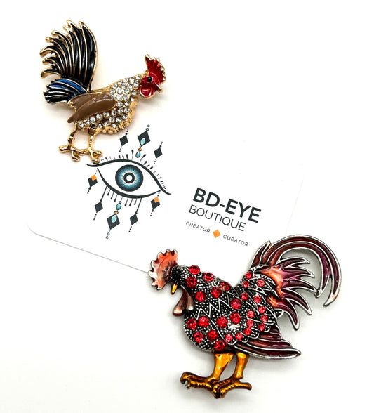 Vintage Rooster Brooch Pair Enamel Rhinestone Cockerel Farmyard Bird Pins