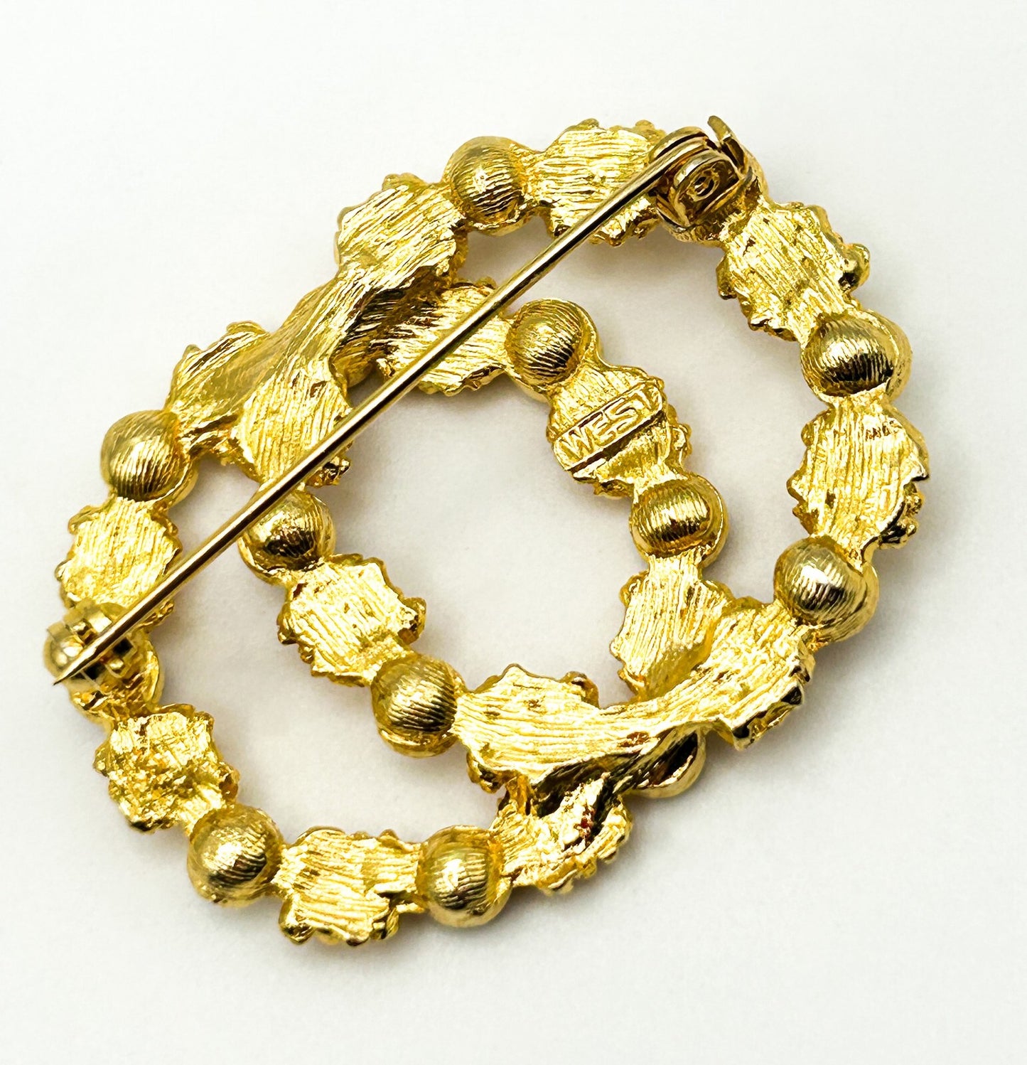 Vintage WEST Rhinestone Brooch Gold Tone Double Circle Purple Clear Pin