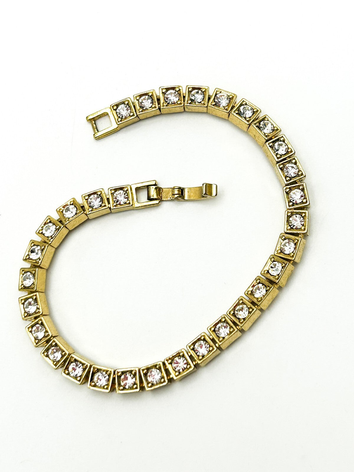 Gold Tone Tennis Bracelet Square Rhinestone Crystal Articulated Link 7.5”