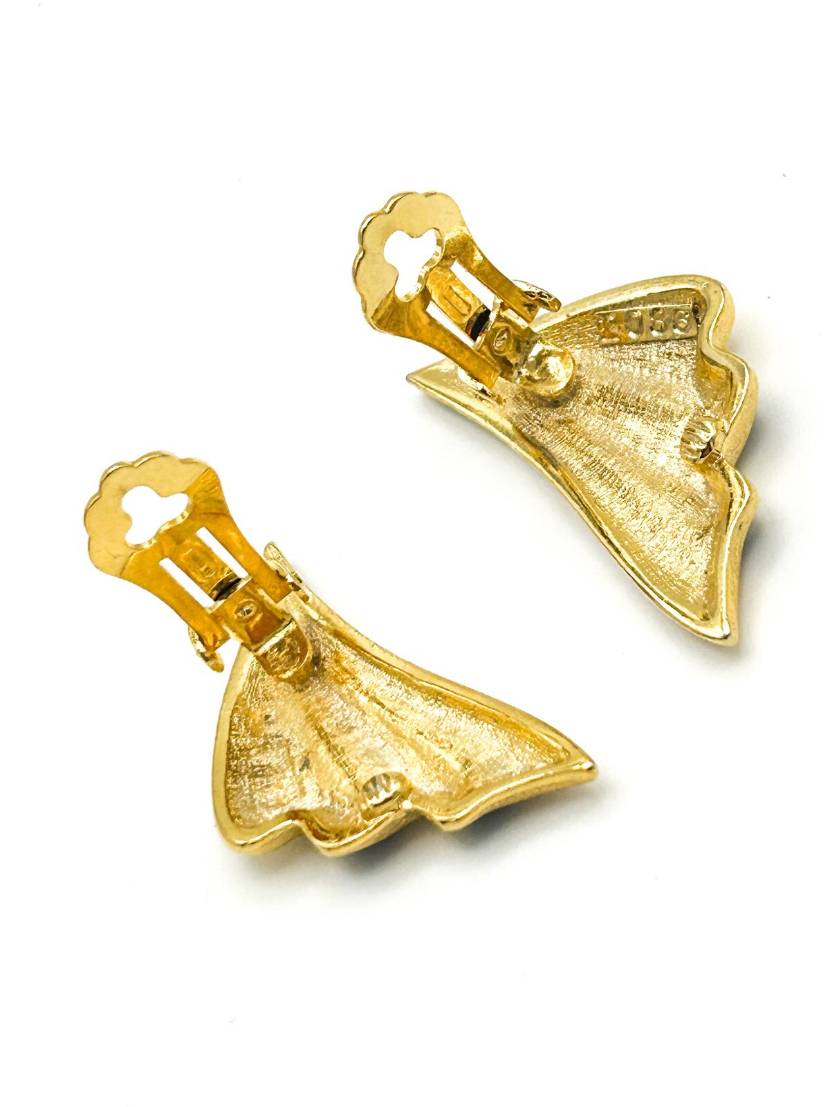 Gorgeous Signed Patent Vintage Gold Tone & Black Enamel Clip On Earrings