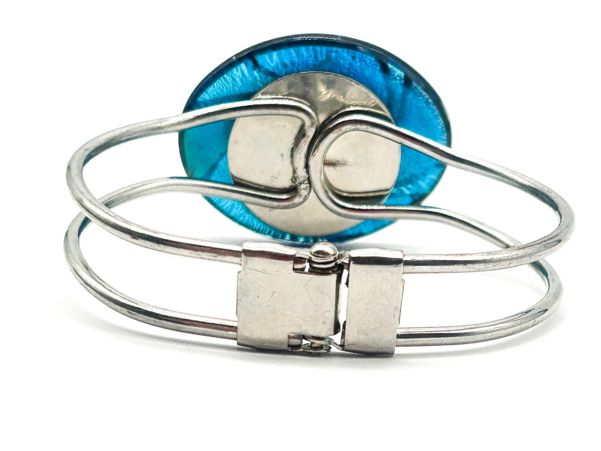 Art Glass Swirl Bangle Blue Pink Silver Hinged Statement Bracelet