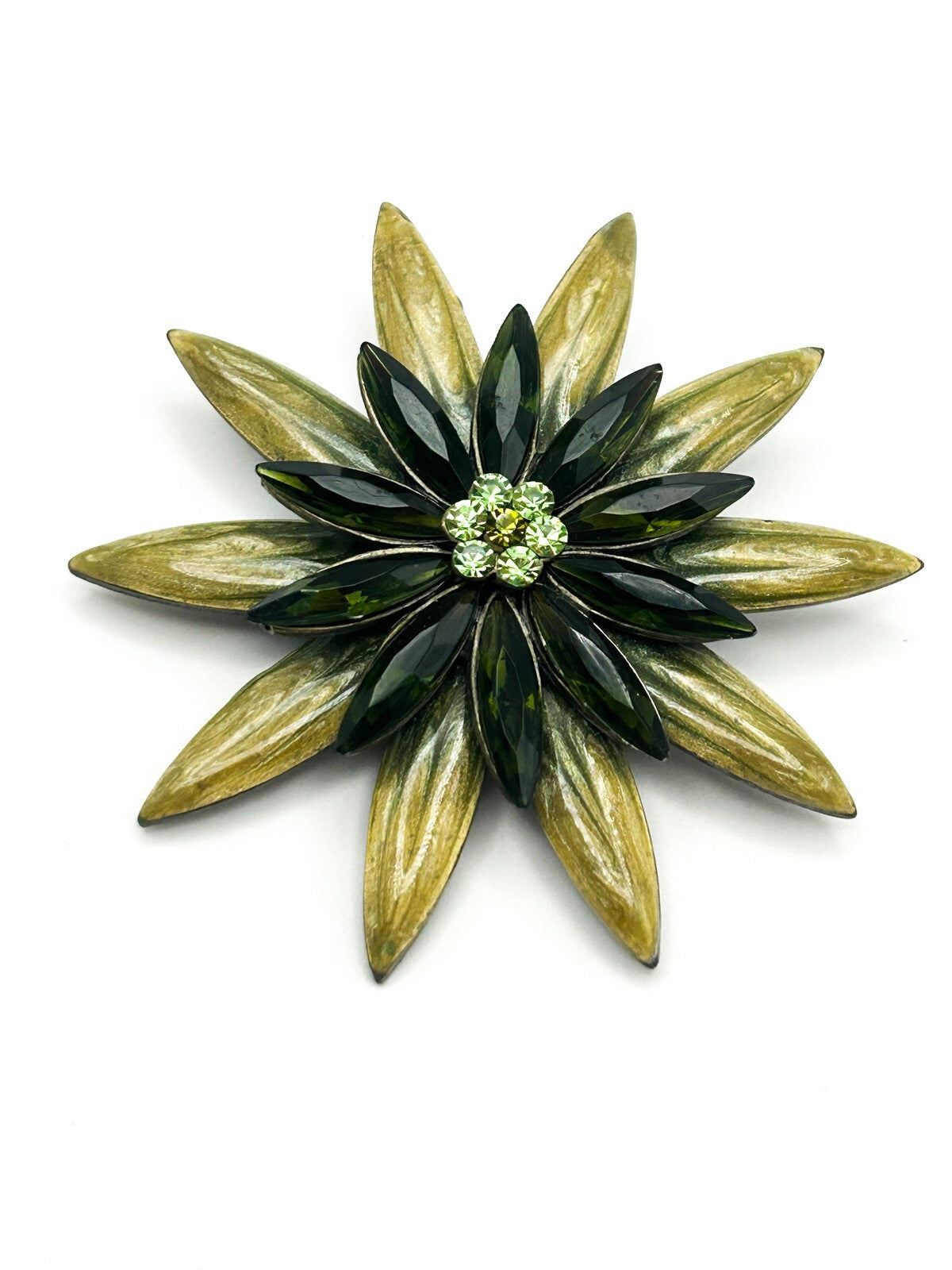 Vintage Green Tones Enamel & Glass Flower Brooch