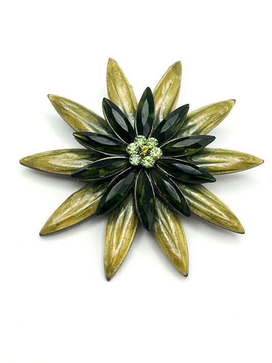 Vintage Green Tones Enamel & Glass Flower Brooch