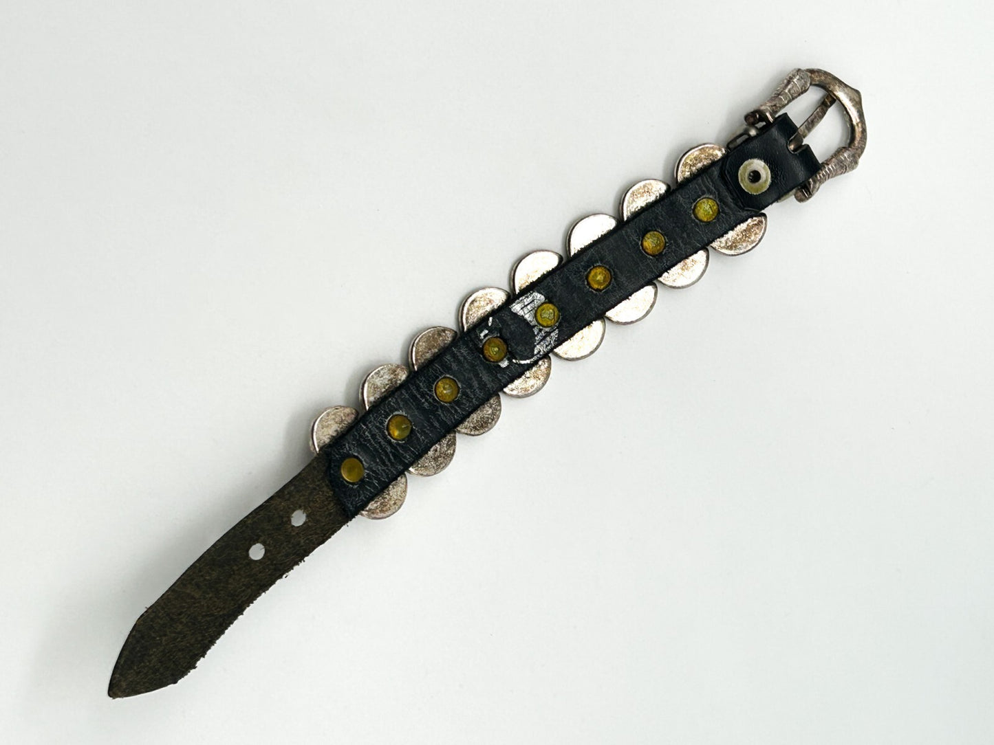 Industrial Silver Tone Cuff Bracelet Black Faux Leather Studded Strap Buckle