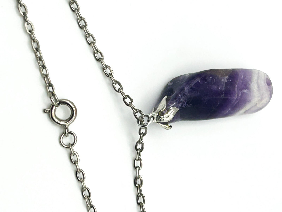 Banded Amethyst Pendant Necklace on Silver Tone Chain