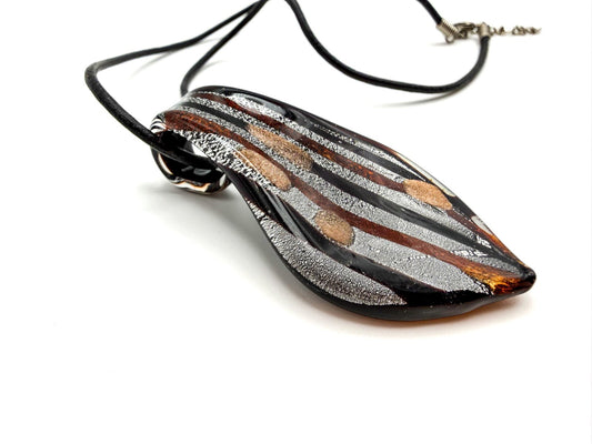 Silver, Copper Tone & Black Dichroic Art Glass Murano-style Pendant Necklace