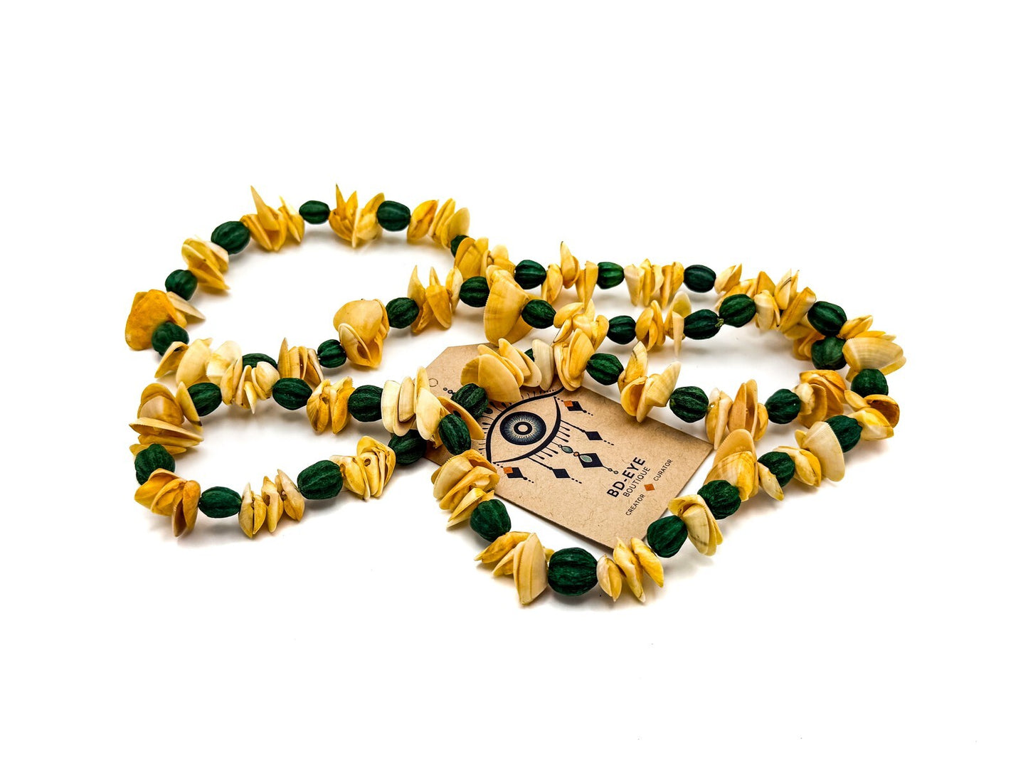 Vintage Boho Lei-style Shell and Dyed Seed Long Beaded Necklaceed
