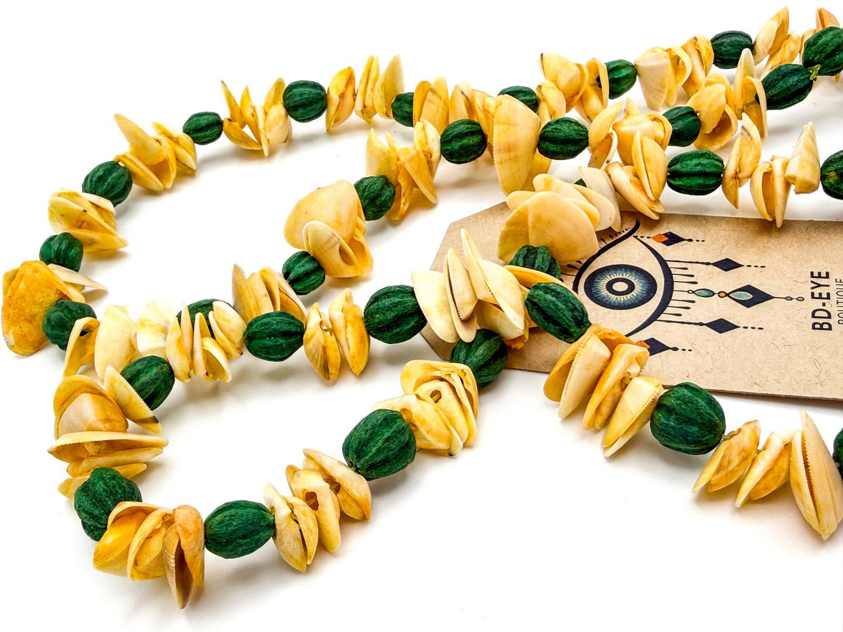 Vintage Boho Lei-style Shell and Dyed Seed Long Beaded Necklaceed