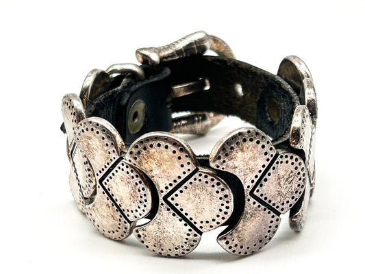 Industrial Silver Tone Cuff Bracelet Black Faux Leather Studded Strap Buckle