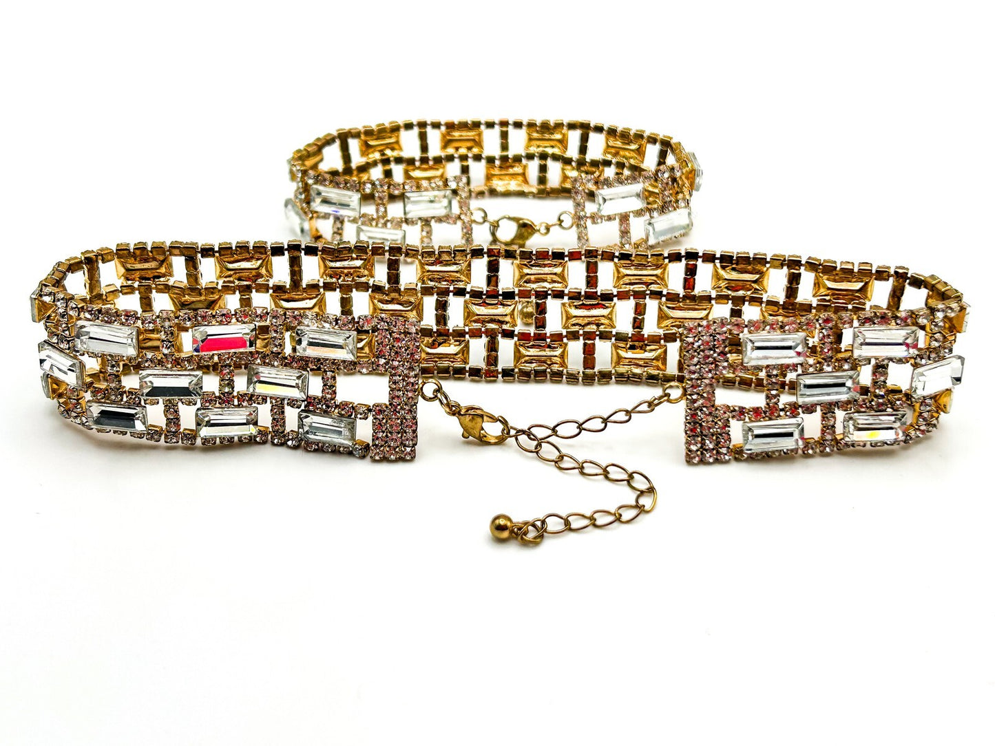 Vintage Baguette Rhinestone Sparkle Openwork Deco Style Necklace Bracelet Set