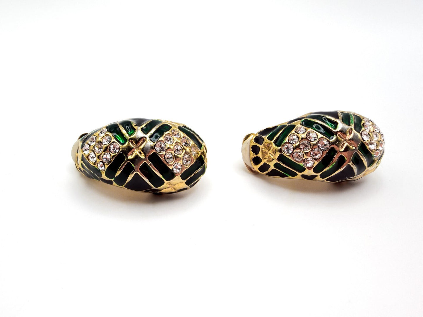 Vintage Gold Tone Green & Black Enamel Rhinestone Half Hoop Clip-On Earrings