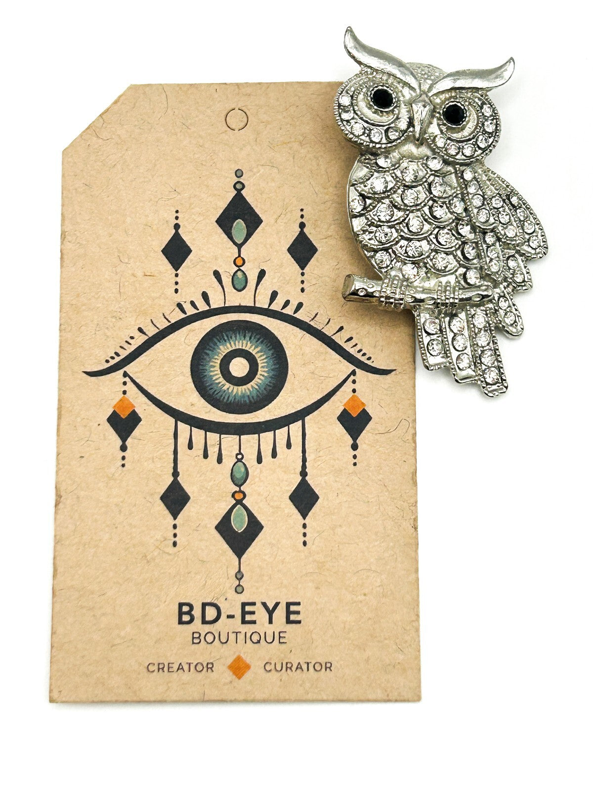 Vintage Rhinestone Owl Brooch Silver Tone Bird Pin Pavé Crystal Animal Jewellery