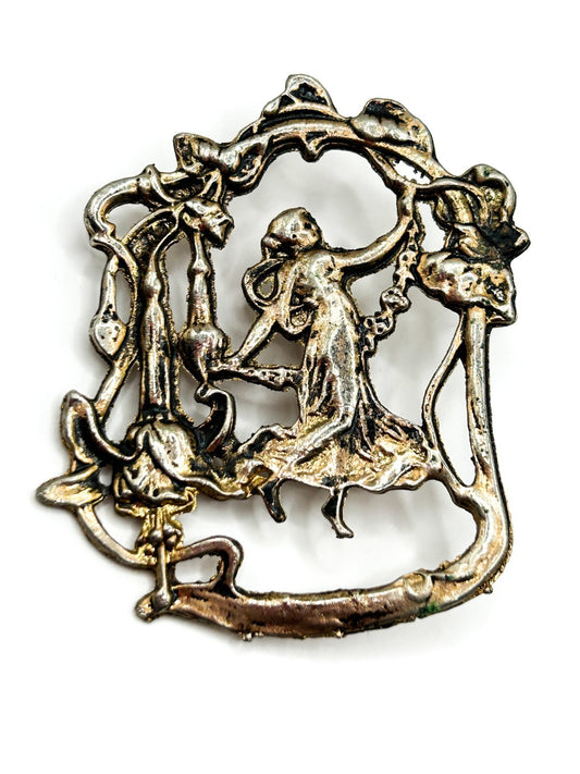 Vintage Art Nouveau Revival Lady Brooch Figural Woman Floral Openwork Gold Tone