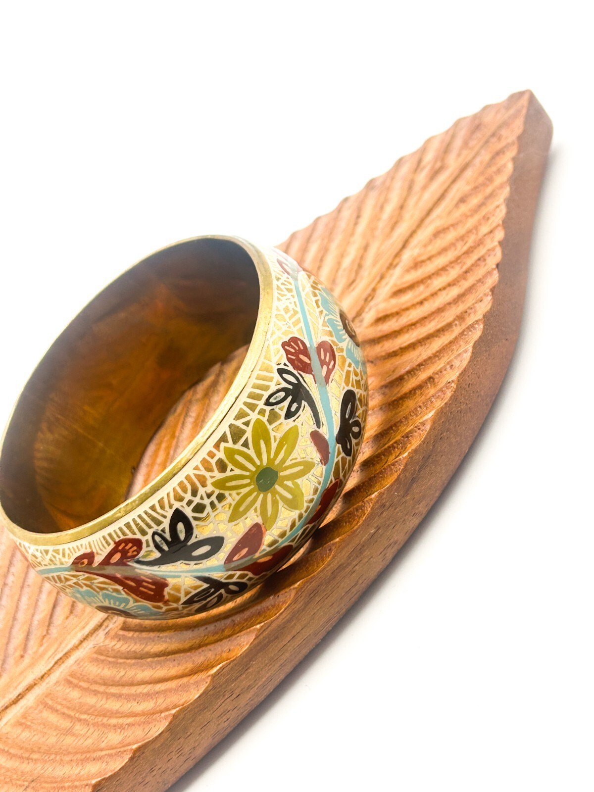 Vintage Brass Bangle Blue Red Painted Floral Statement Bracelet Gold tone Retro