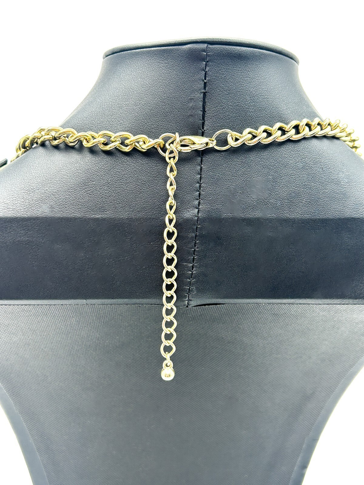 Gold Tone Curb Chain Necklace Black Clear Rhinestone Drop Charms Geometric 19”