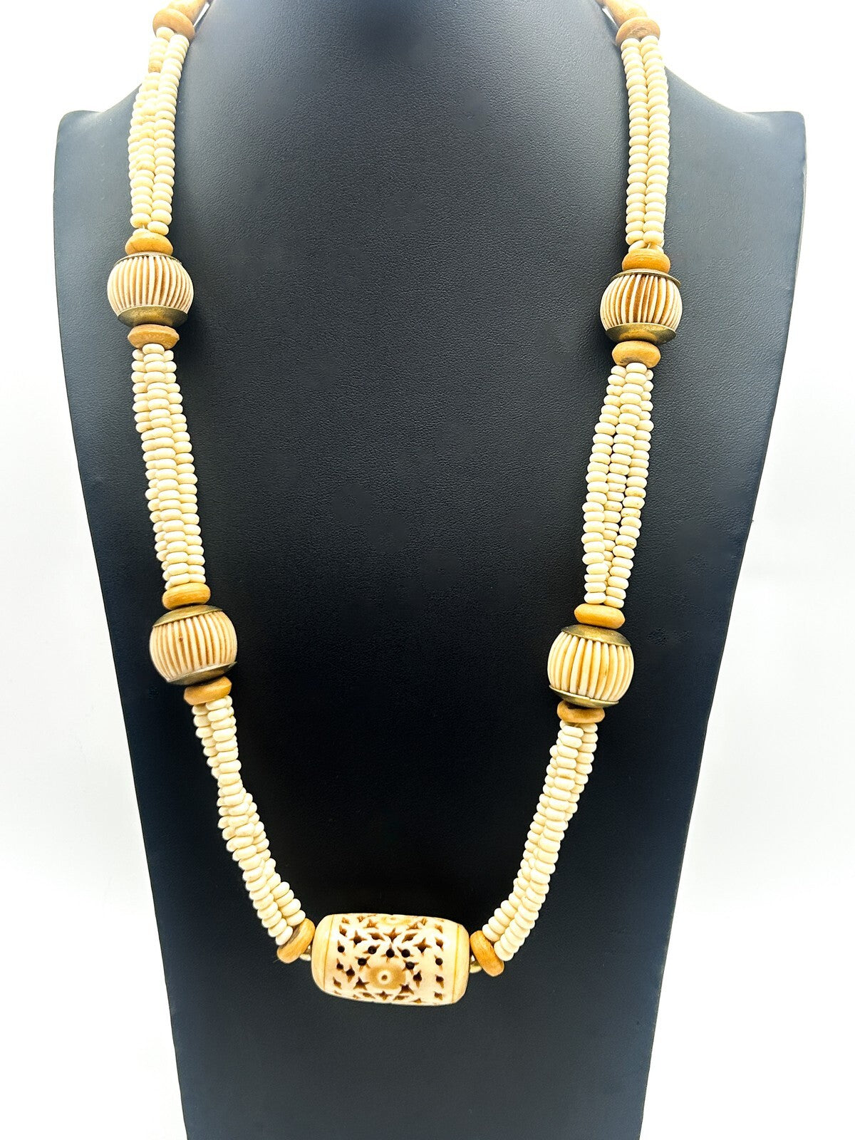 Vintage Carved Organic Material Triple Strand Necklace (Late 1970s–Early 1980s)