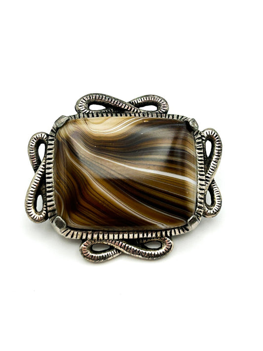 Miracle Scottish Agate Brooch Celtic Knot Silver Tone Vintage Pebble Stone Pin