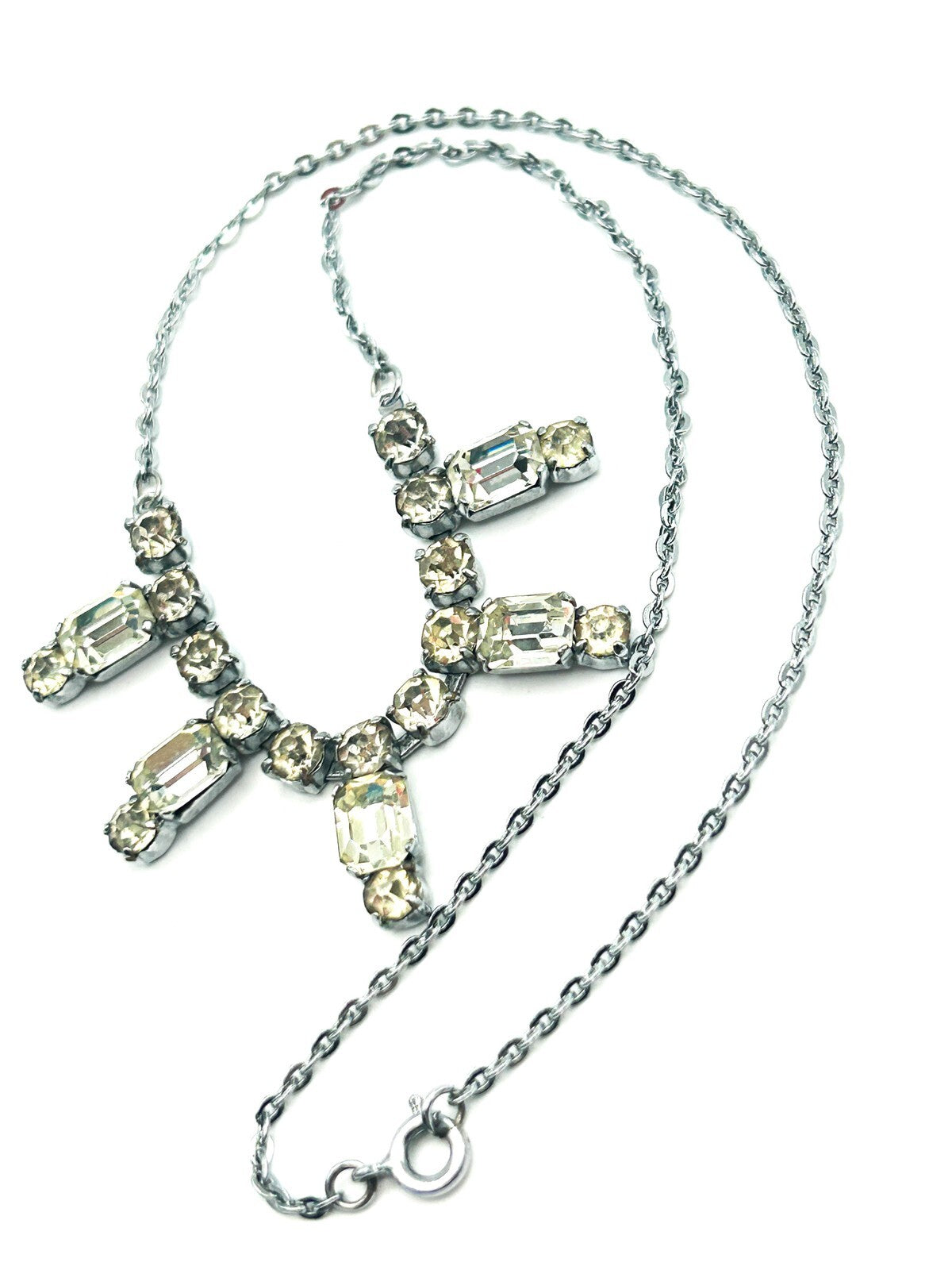 Vintage Silver Tone Rhinestone Drop Necklace with Articulated Glass Crystal