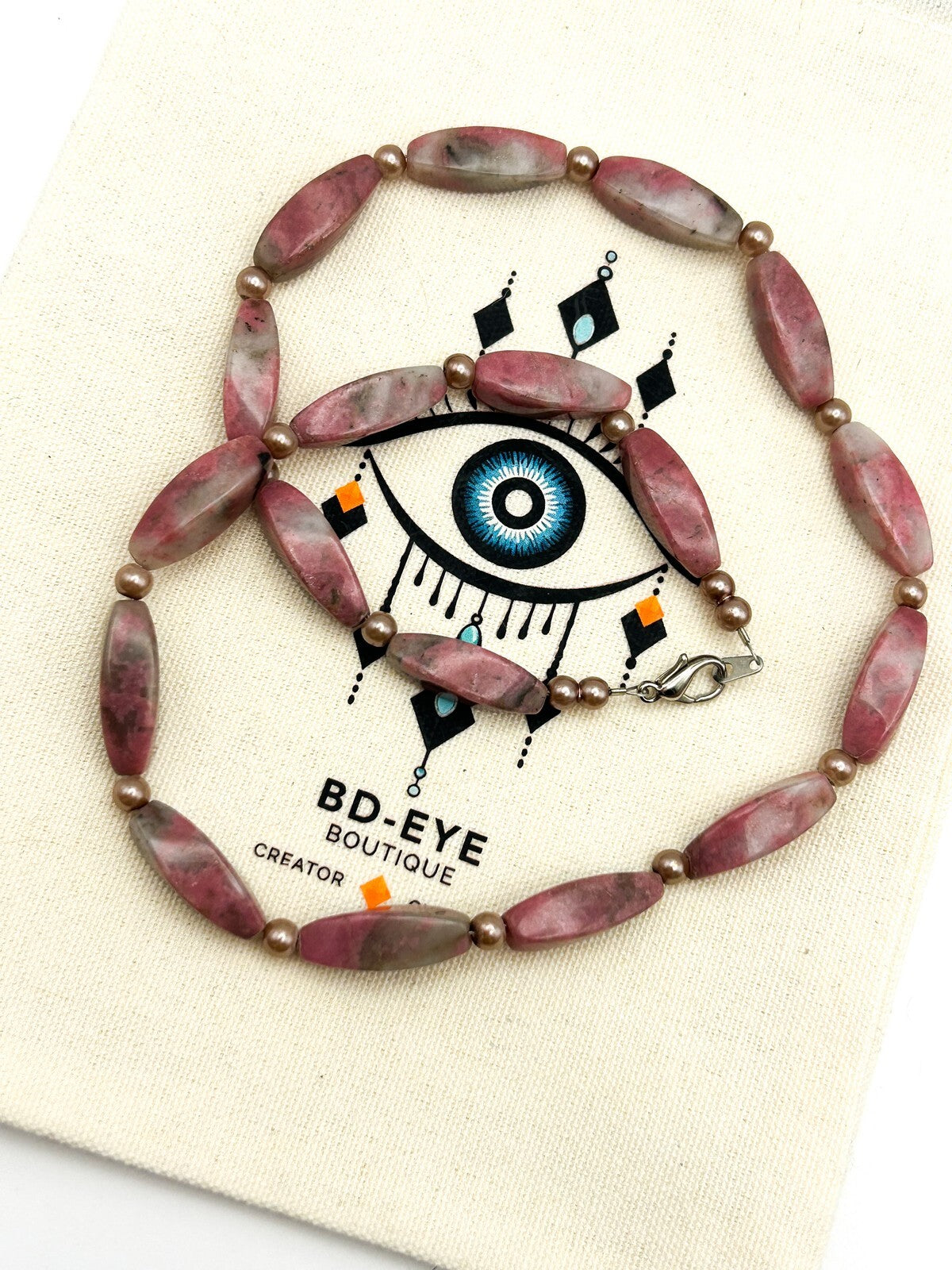Rhodonite Gemstone Beaded Necklace Pink Oval Beads Faux Pearl Spacers 18”