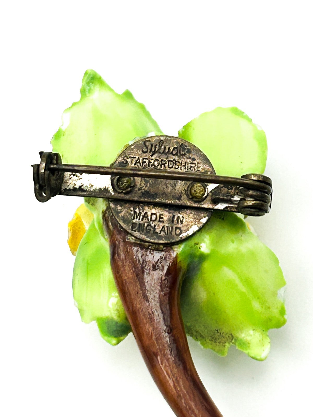 Vintage SylvaC China Flower Brooch Yellow Green Floral Pansy Ceramic Pin 6cm