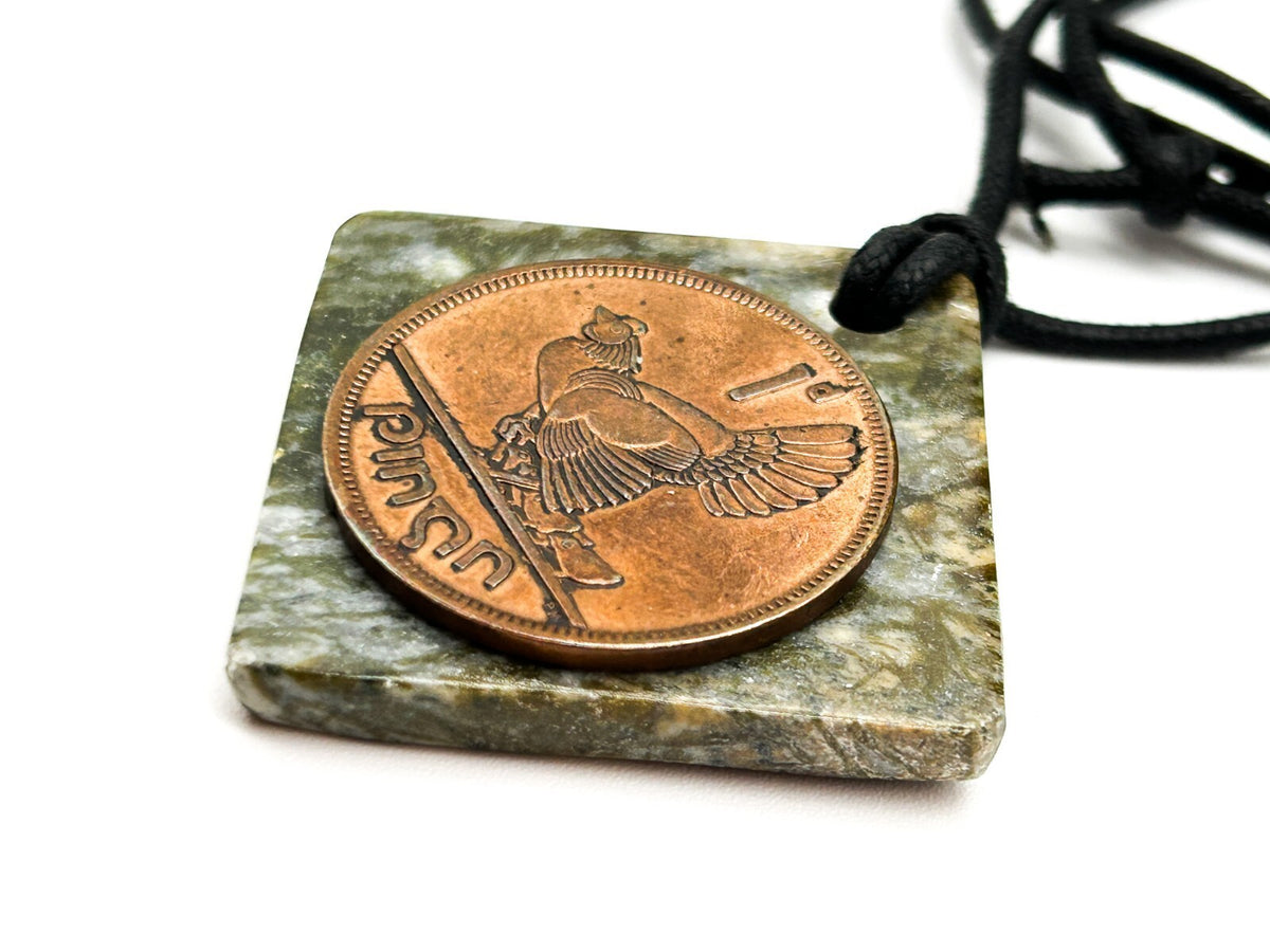 Vintage Irish Pingin Penny Coin Connemara Marble Pendant Necklace Hen Chicks