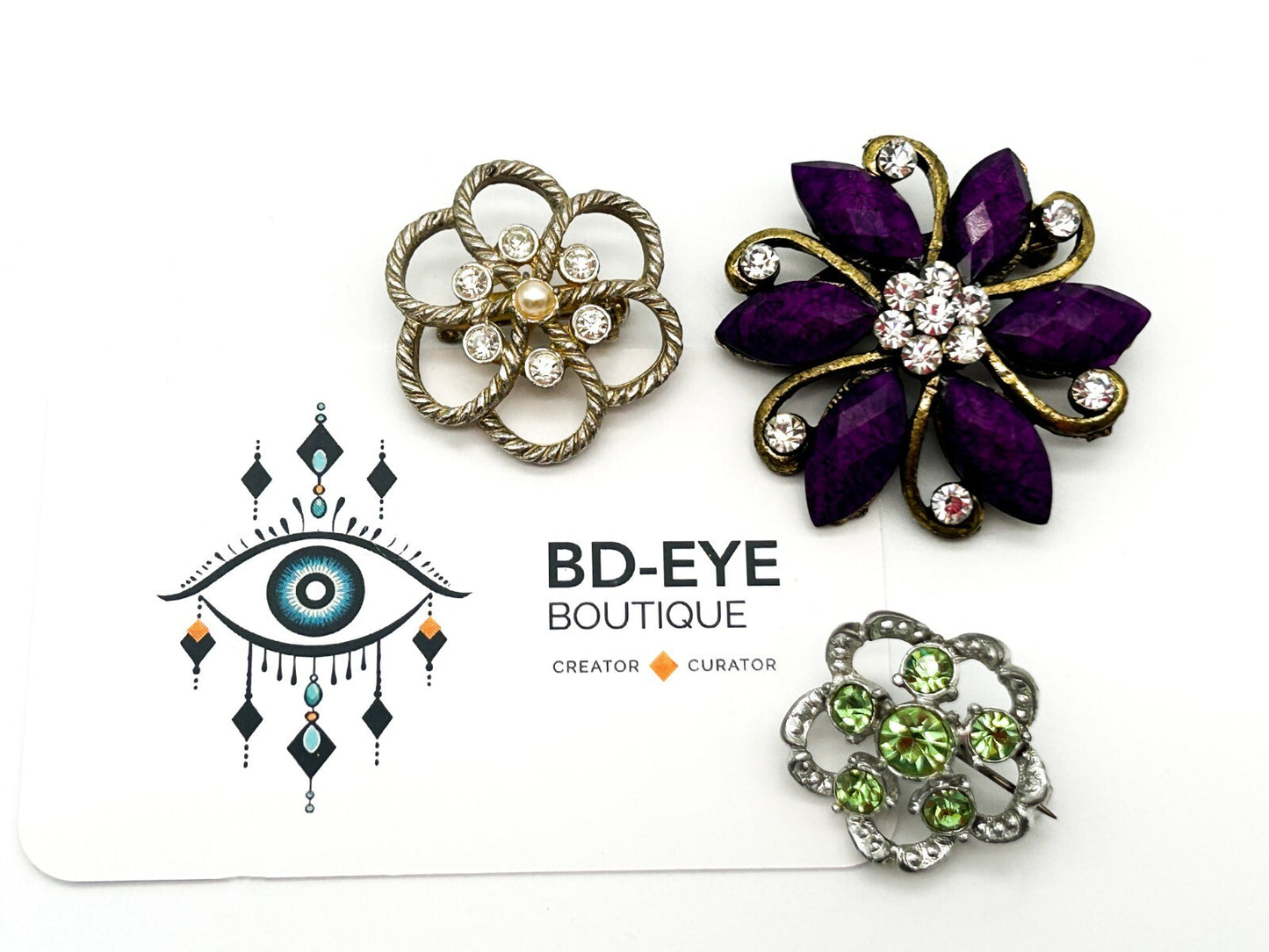 Vintage Floral Rhinestone Brooch Trio Purple Green Crystal Pins Bundle