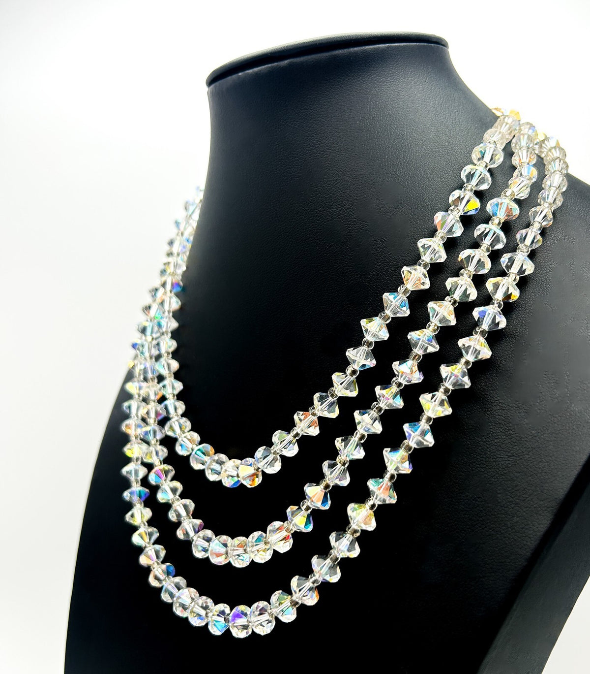 Vintage Aurora Borealis Crystal 3 Strand Multistrand Necklace – Faceted Bicone