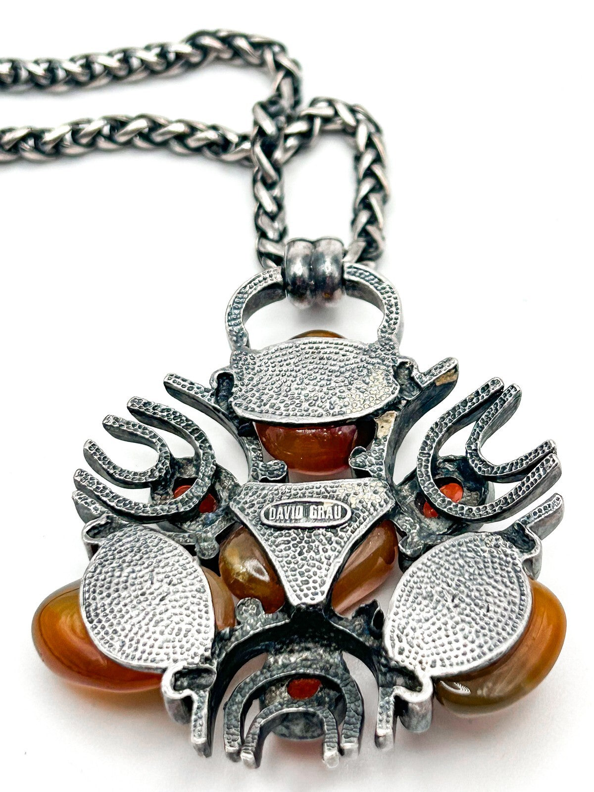 Vintage David Grau Signed Pendant Necklace - Carnelian Gemstones Silver Tone