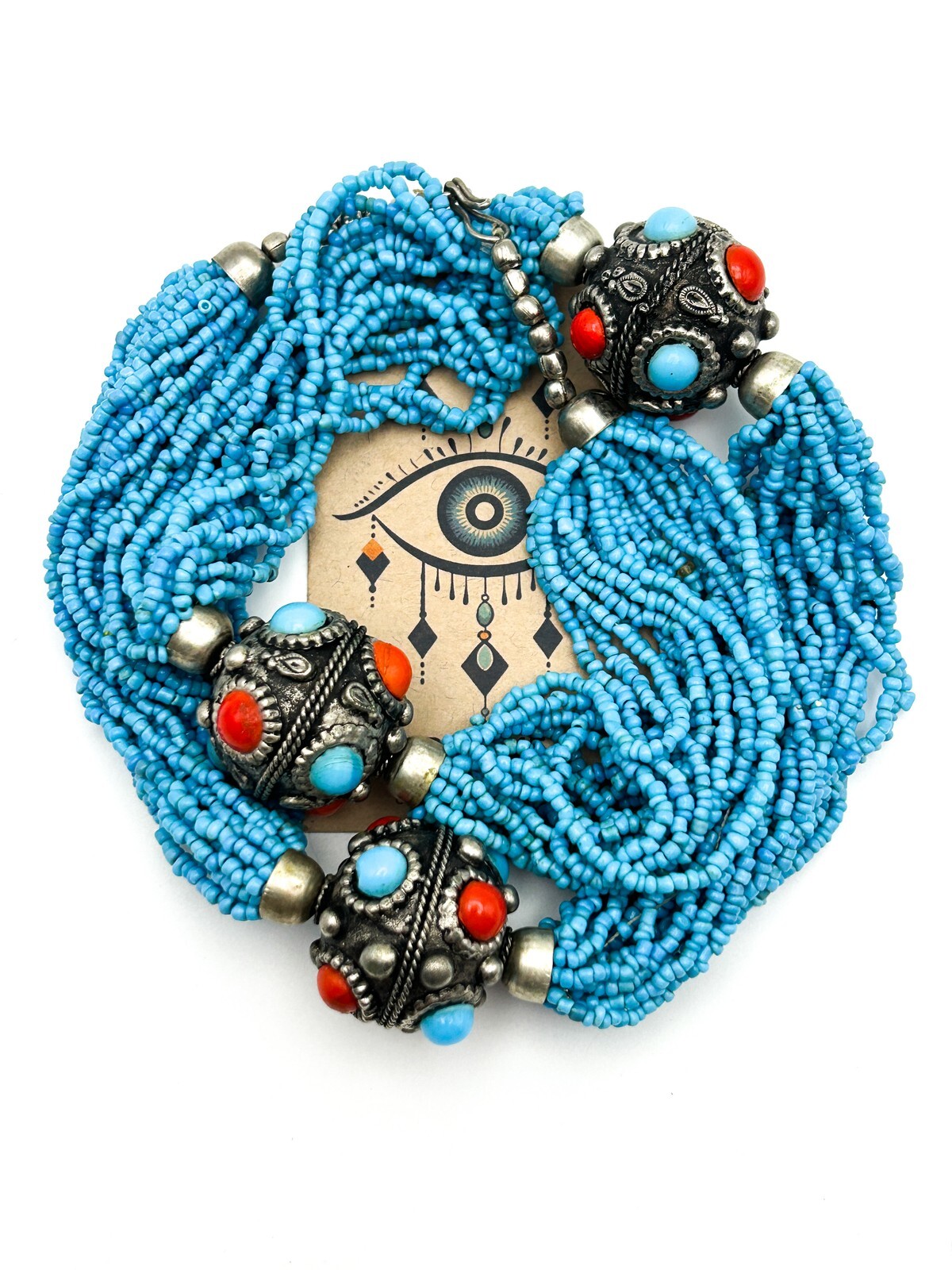 Turquoise Glass Multi Strand Beaded Necklace Statement Silver Tone Red Blue