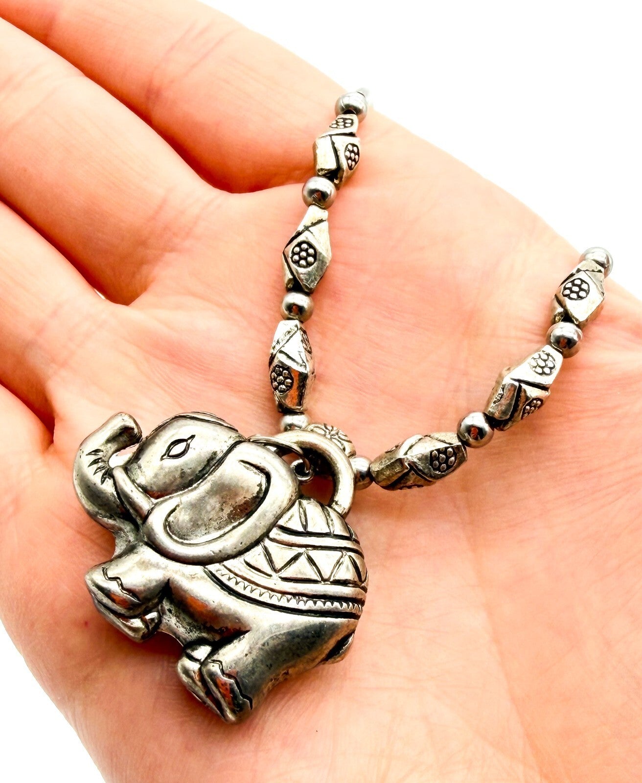 Elephant Pendant Necklace Silver Tone Beaded Tribal Boho Style Animal Charm Cute