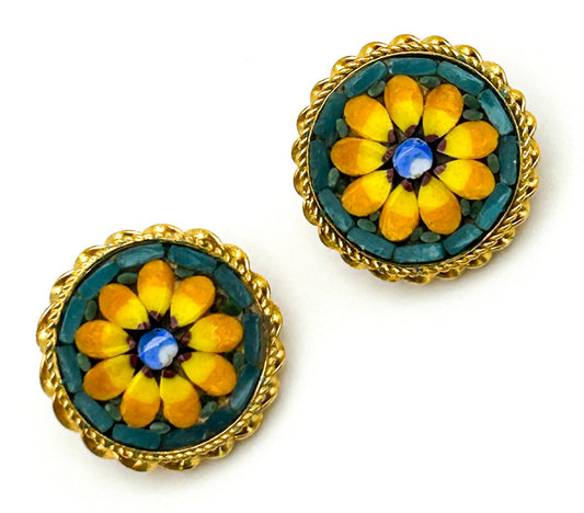 Italian Micro Mosaic Floral Clip-On Earrings with Yellow Daisy Design