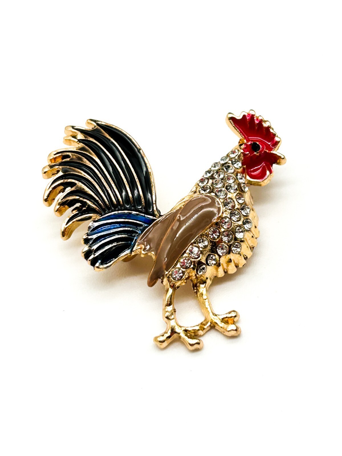 Vintage Rooster Brooch Pair Enamel Rhinestone Cockerel Farmyard Bird Pins