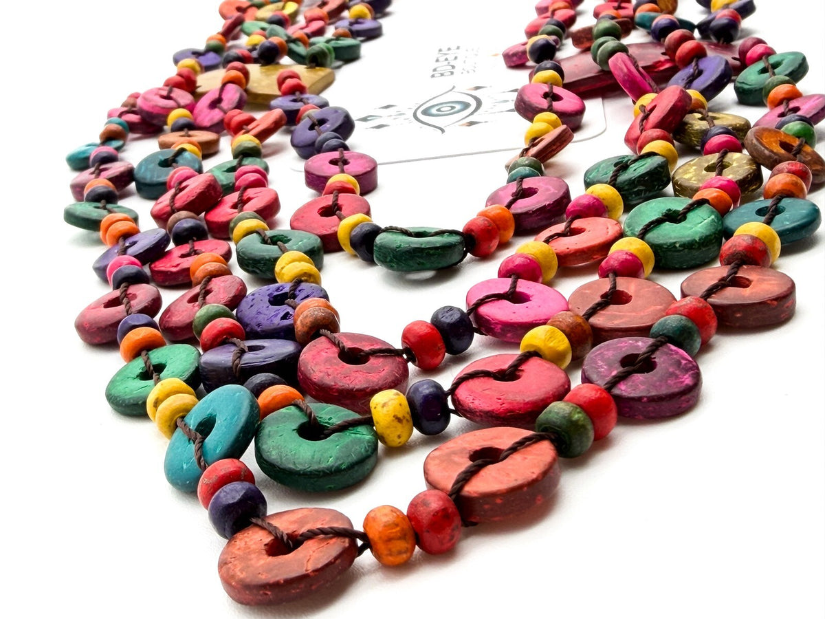 Boho Multicolour Shell Necklace 4 Strand Layered Festival Statement Overhead