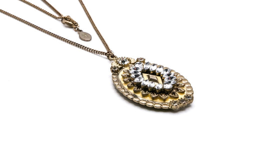 Oval Cream & Rhinestone Ornate Pendant | 33" Length, Gold Tone
