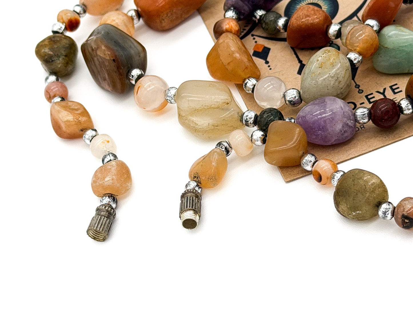 Vintage Mixed Gemstone Necklace Amethyst Citrine Jasper Quartz Nugget Strand 31”