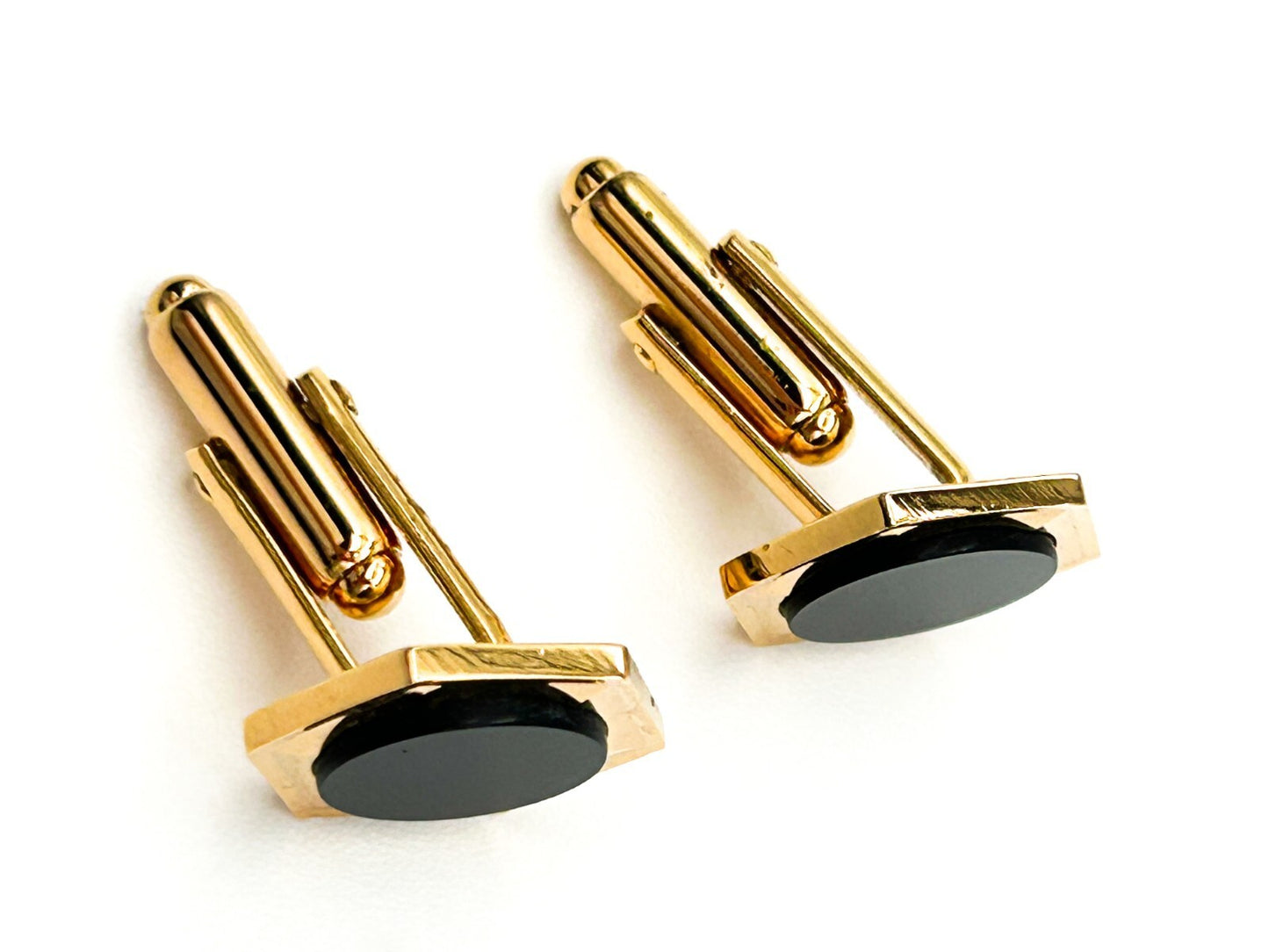 Vintage Gold Tone Black Glass Hexagonal Cufflinks Mens Formal Retro Smart