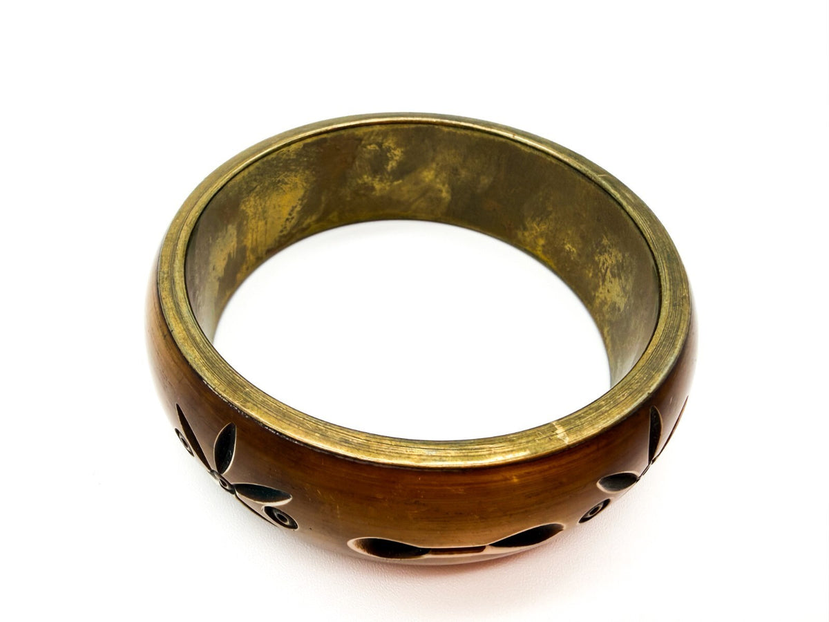 Vintage Brass & Carved Organic Material Floral Bangle Bracelet