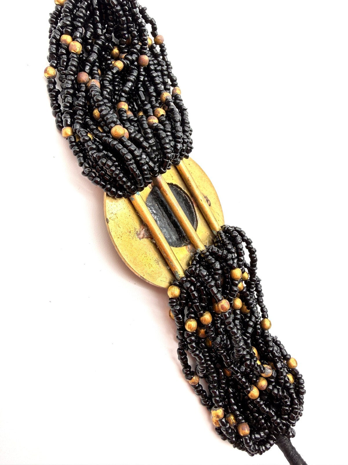 Vintage Chunky Black Seed Bead Bracelet Gold Tone Cabochon Statement Wide Cuff