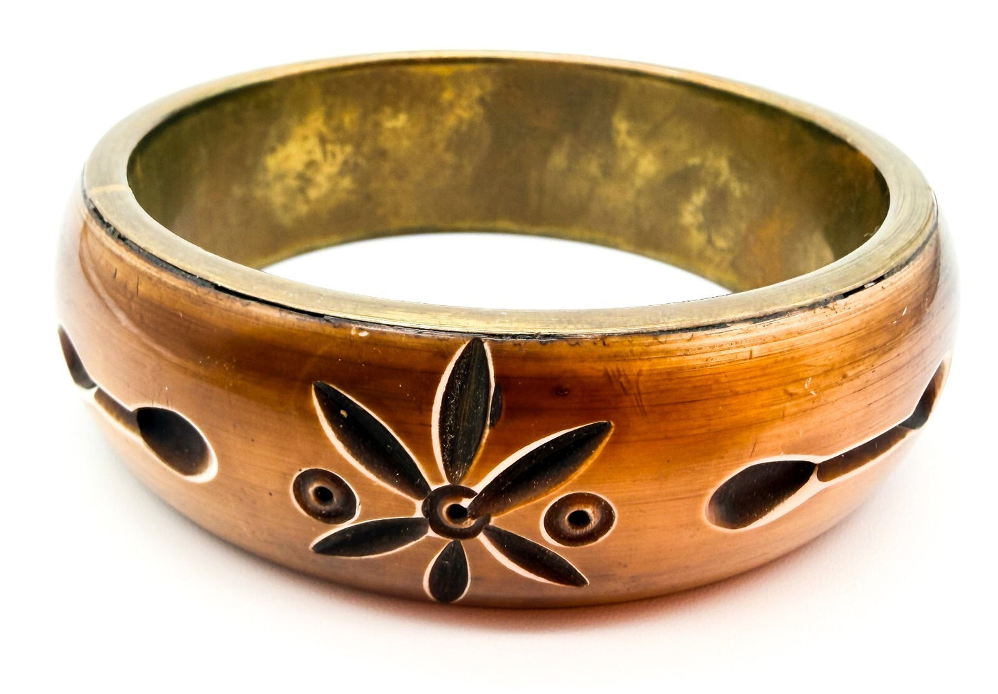 Vintage Brass & Carved Organic Material Floral Bangle Bracelet