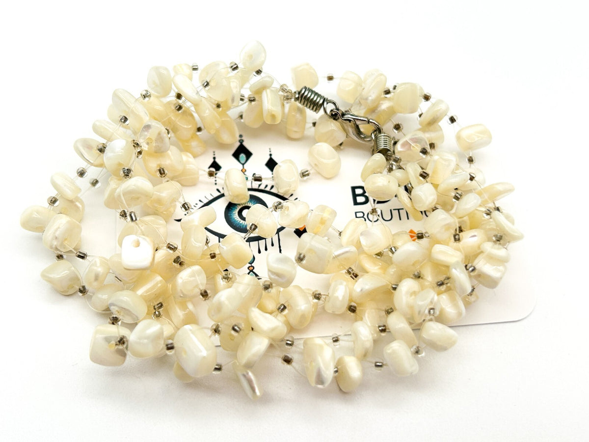 Vintage Mother Of Pearl Multi Strand Illusion Necklace Cream Shell Floating Chip