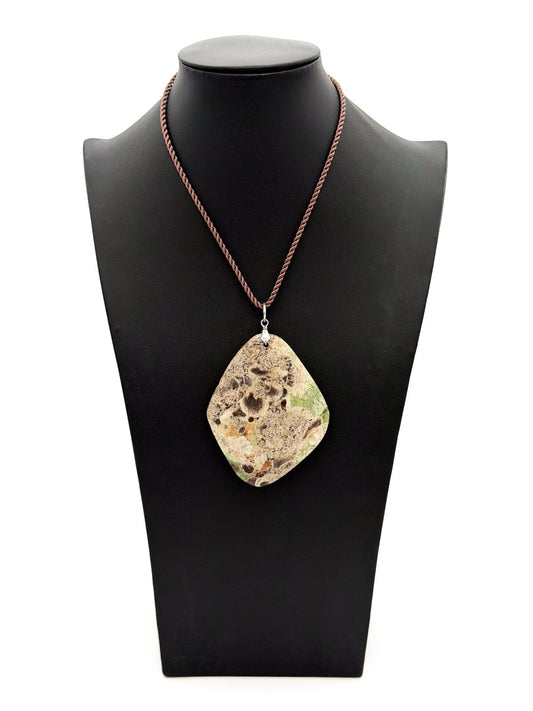 Ocean Jasper Large Pendant Necklace Brown Cord 16” Semi Precious Green